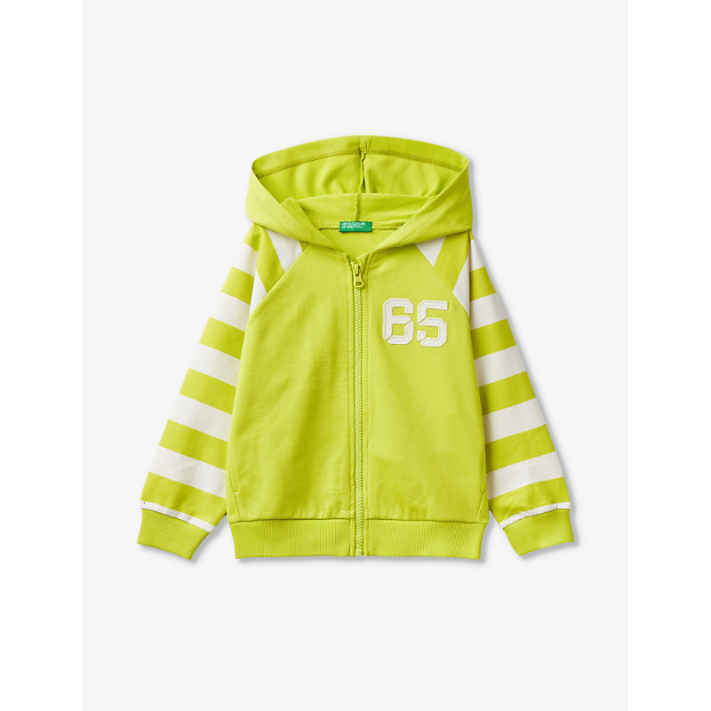 Benetton Kids' Brand-appliquéd Striped-sleeve Cotton-jersey Hoody 18 Months - 6 Years In Lime