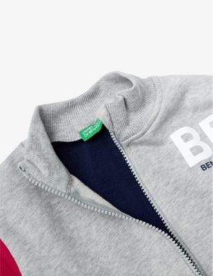 Shop Benetton Boys Grey/navy Kids Logo-print Zip-up Cotton Sweatshirt 18 Months-6 Years