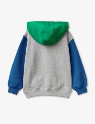 Shop Benetton Green/grey Branded Colour-block Cotton-jersey Hoody 18 Months - 6 Years