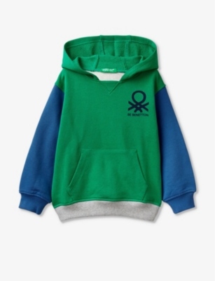 Shop Benetton Green/grey Branded Colour-block Cotton-jersey Hoody 18 Months - 6 Years