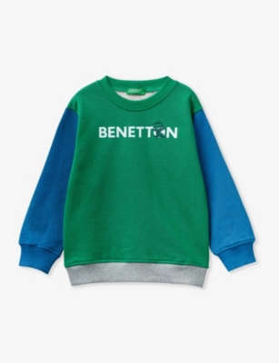Benetton Kids' Logo-print Colour-block Organic-cotton Sweatshirt 18 Months-6 Years In Green/grey