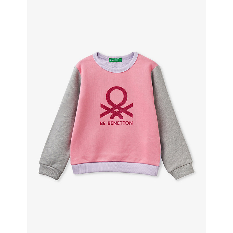 Benetton Girls Pink Colour Block Kids Logo-print Colour-block Organic-cotton Sweatshirt 18 Months-6