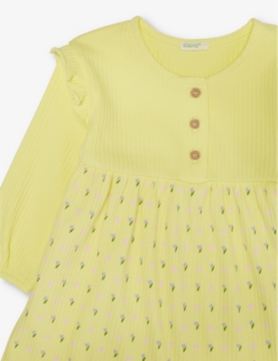Shop Benetton Frill-sleeve Stretch-cotton Dress 1-18 Months In Yellow Pattern