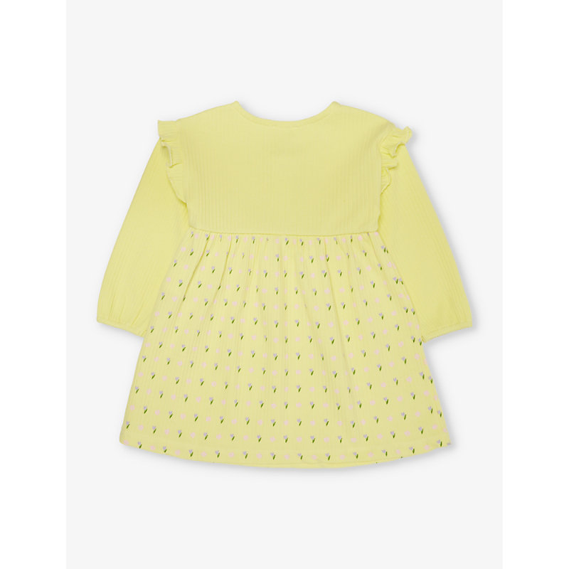 Shop Benetton Frill-sleeve Stretch-cotton Dress 1-18 Months In Yellow Pattern