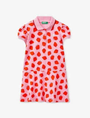 Benetton Girls Pink Strawberry Kids Logo-embroidered Strawberry-print Cotton Dress 18 Months-6 Years