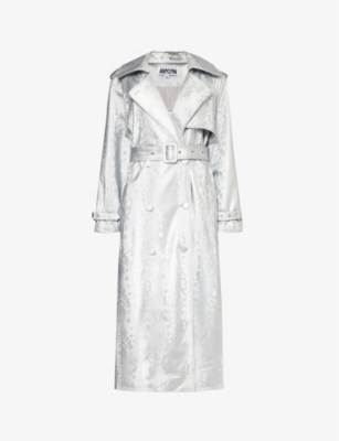 Amy Lynn Womens Silver Snake-effect Faux-leather Trench Coat In Grey