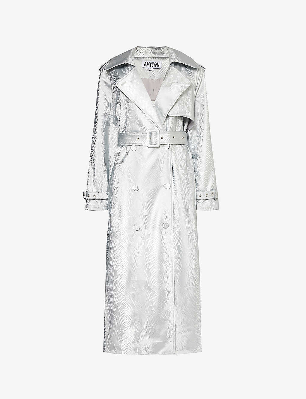 Amy Lynn Womens Silver Snake-effect Faux-leather Trench Coat