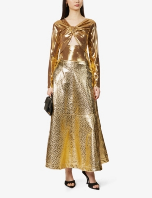 Shop Amy Lynn Womens Gold Flared Faux-leather Midi Skirt