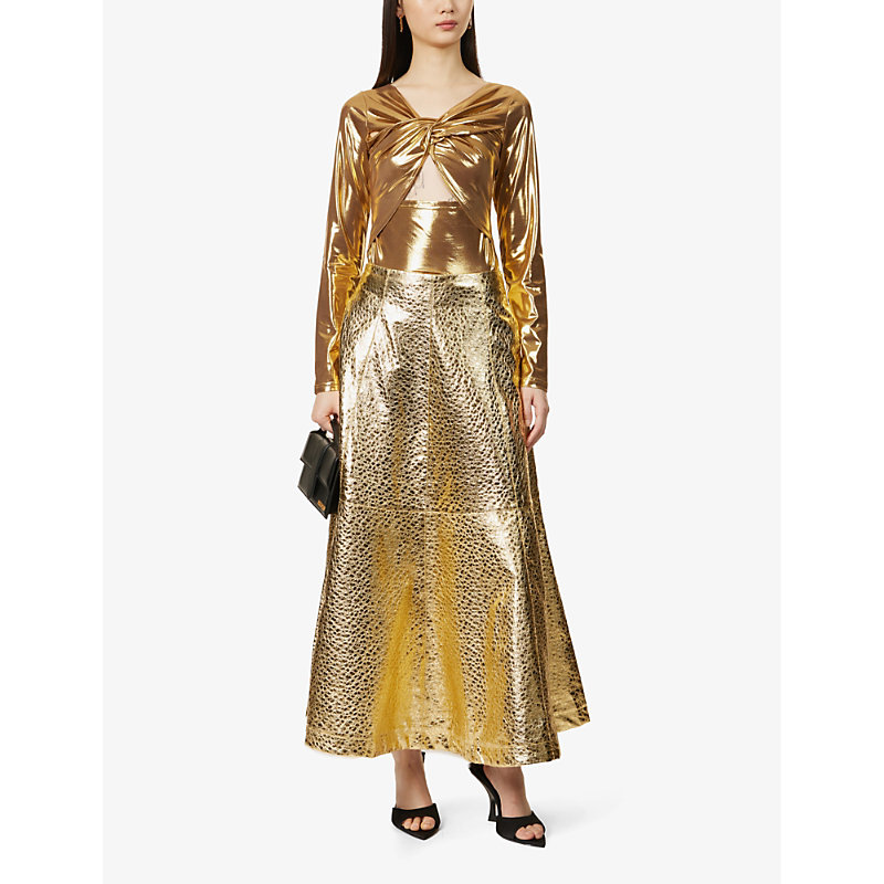 Shop Amy Lynn Womens Gold Flared Faux-leather Midi Skirt