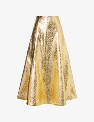Amy Lynn Womens Gold Flared Faux-leather Midi Skirt
