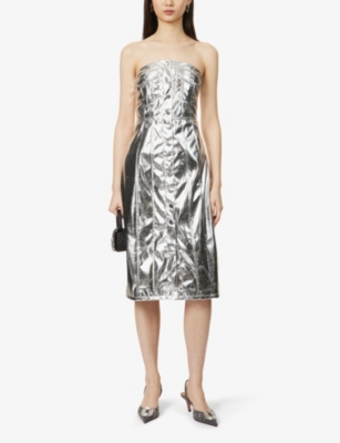 Shop Amy Lynn Bandeau Metallic Faux-leather Midi Dress In Silver