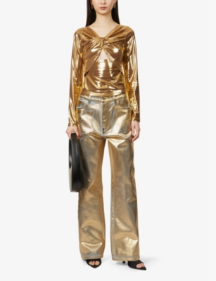 Shop Amy Lynn Twist-front Cut-out Metallic Stretch-woven Top In Gold