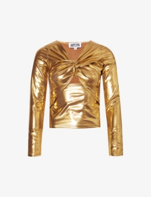 Shop Amy Lynn Women's Gold Twist-front Cut-out Metallic Stretch-woven Top