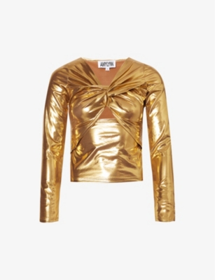 Amy Lynn Womens Gold Twist-front Cut-out Metallic Stretch-woven Top In Gold