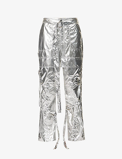 AMY LYNN: Metallic straight-leg mid-rise woven trousers
