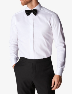 Cutaway-collar rounded-cuff slim contemporary-fit cotton-dobby tuxedo shirt