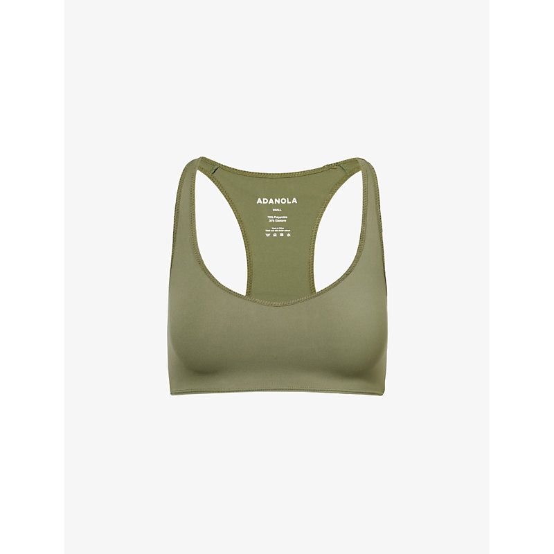 Adanola Womens Khaki Green Ultimate V-neck Stretch-woven Sports Bra