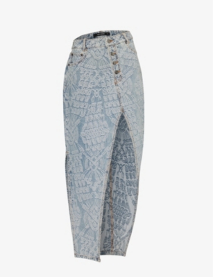Shop Daily Paper Women's Light Blue Settle Logo-pattern Split-hem Denim Maxi Skirt