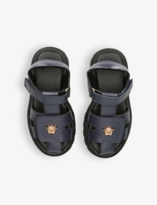 Shop Versace Girls Navy Kids Medusa-emblem Flat Leather Gladiator Sandals 6 Months-4 Years