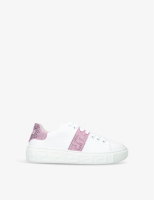 VERSACE: La Greca brand-print leather low-top trainers