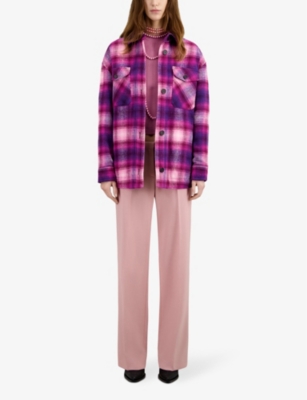 Shop The Kooples Women's Baby Pink / Cassis Checked Patch-pocket Cotton-blend Jacket