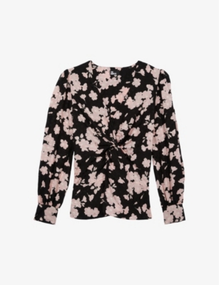 Shop The Kooples Women's Black / Pink Floral-print Gathered-front Woven Top