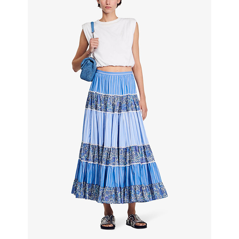 Shop Sandro Women's Bleus Patchwork Ruffled Cotton Maxi Skirt
