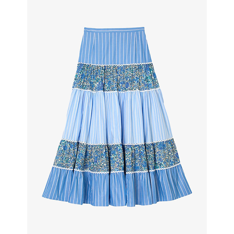 Shop Sandro Women's Bleus Patchwork Ruffled Cotton Maxi Skirt