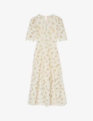 SANDRO: Floral-embroidered scalloped-trim woven maxi dress
