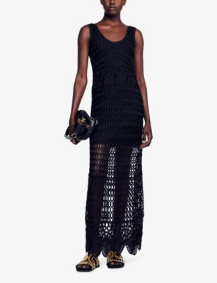 Shop Sandro Women's Noir / Gris Round-neck Sleeveless Crochet-knitted Maxi Dress