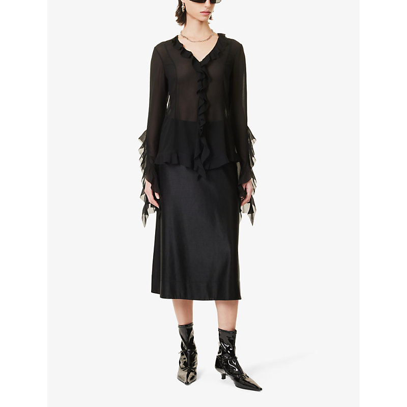 Shop Acne Studios Women's Black Toulise Ruffled-trim Semi-sheer Chiffon Shirt