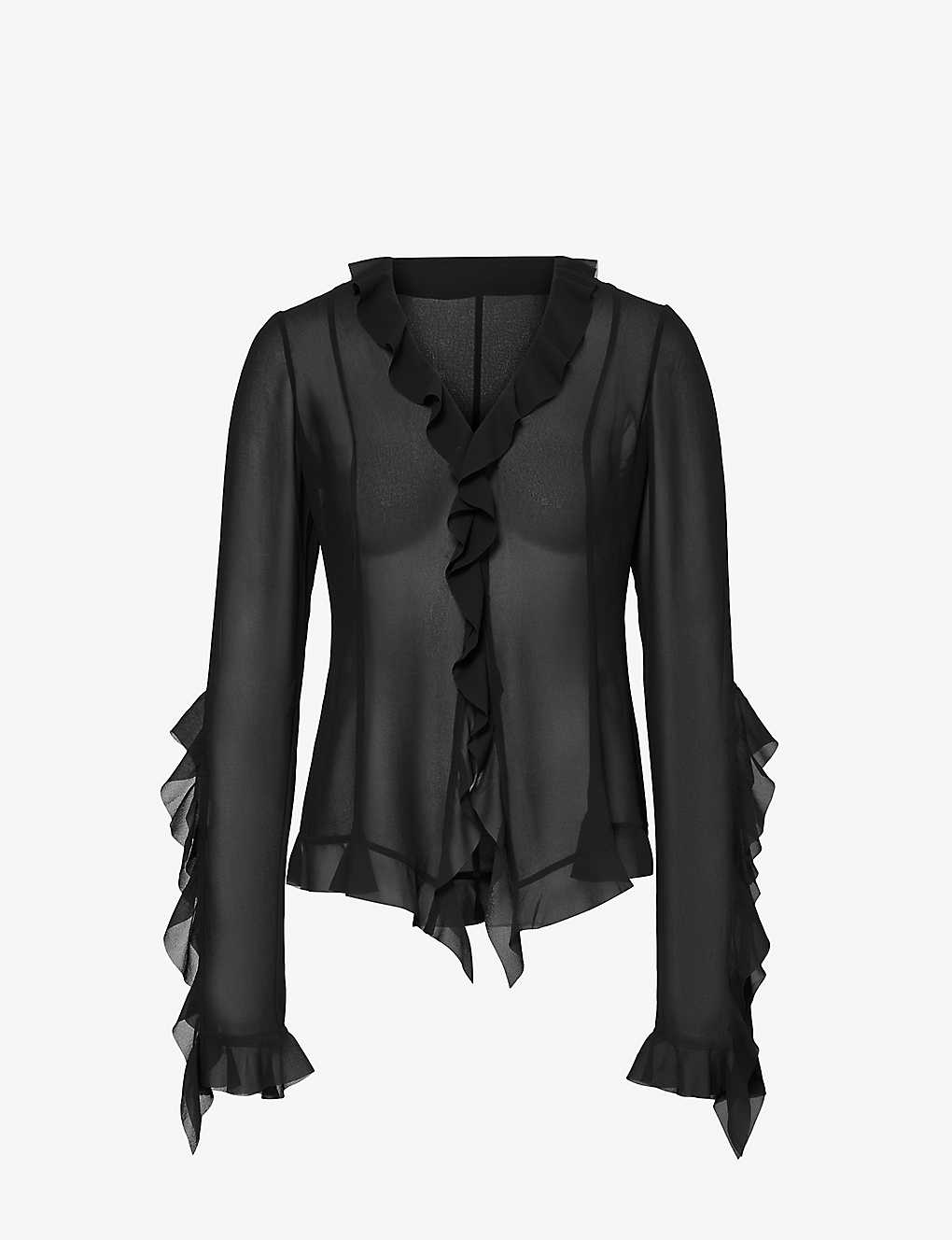 Shop Acne Studios Women's Black Toulise Ruffled-trim Semi-sheer Chiffon Shirt