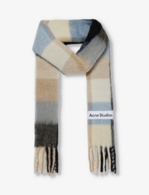 Acne Studios Vally Checked Wool-blend Scarf In Blue Beige Black