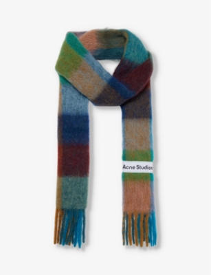 Acne Studios Vally Checked Wool-blend Scarf In Turquoise Camel Blue