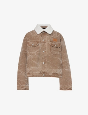 Acne Studios Faux Shearling-trimmed Padded Distressed Denim Jacket In Brown
