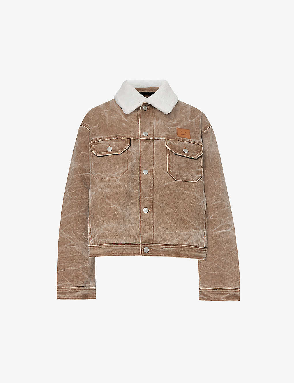 Acne Studios Faux Shearling-trimmed Padded Distressed Denim Jacket In Brown