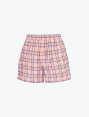 Acne Studios Roxx Face Patch Check Cotton Flannel Shorts In Pink Blue