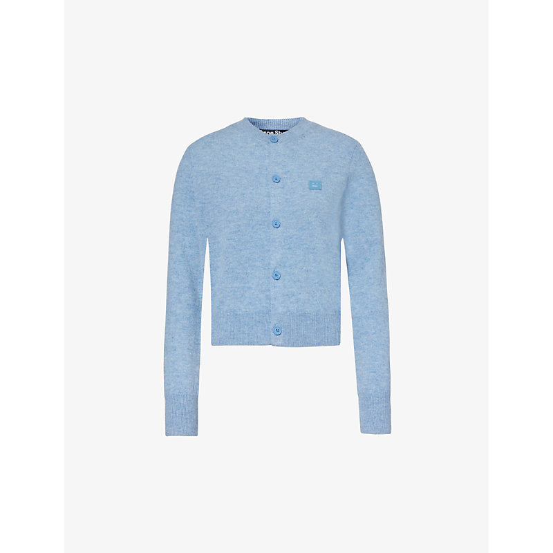 Shop Acne Studios Keva Logo-patch Wool Knitted Cardigan In Steel Blue Melange