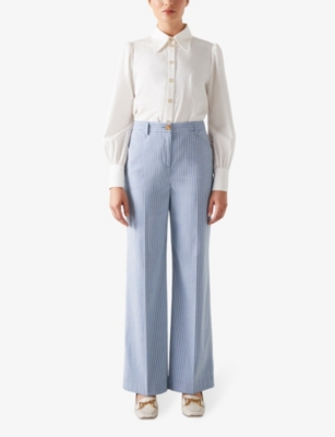 Shop Lk Bennett Women's Blu-midnight Luna Stripe-pattern Straight-leg Mid-rise Trousers