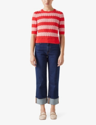 Shop Lk Bennett Women's Mul-red Cinzia Stripe-pattern Cotton-blend T-shirt