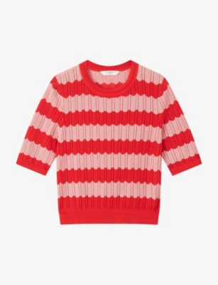 Lk Bennett Womens Mul-red Cinzia Stripe-pattern Cotton-blend T-shirt
