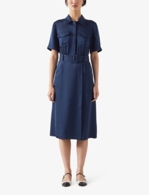 Lk Bennett Womens Blu-midnight Luna Patch-pocket Belted Woven Midi Dress In Blu-midnight