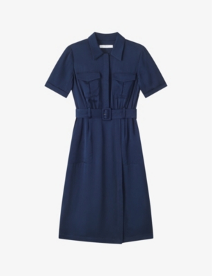 Lk Bennett Womens Blu-midnight Luna Patch-pocket Belted Woven Midi Dress