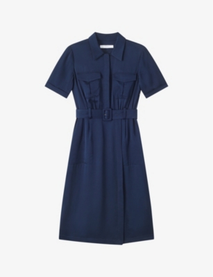 Lk Bennett Womens Blu-midnight Luna Patch-pocket Belted Woven Midi Dress In Blu-midnight