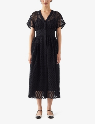 Shop Lk Bennett Women's Bla-black Vivienne Broderie-analgise Cotton Midi Dress