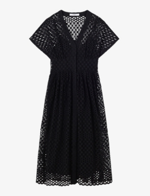 Lk Bennett Womens Bla-black Vivienne Broderie-analgise Cotton Midi Dress