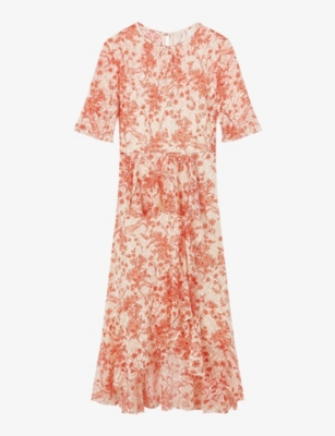 Lk Bennett Womens Mul-red Thea Floral-print Silk-blend Midi Dress In Mul-red