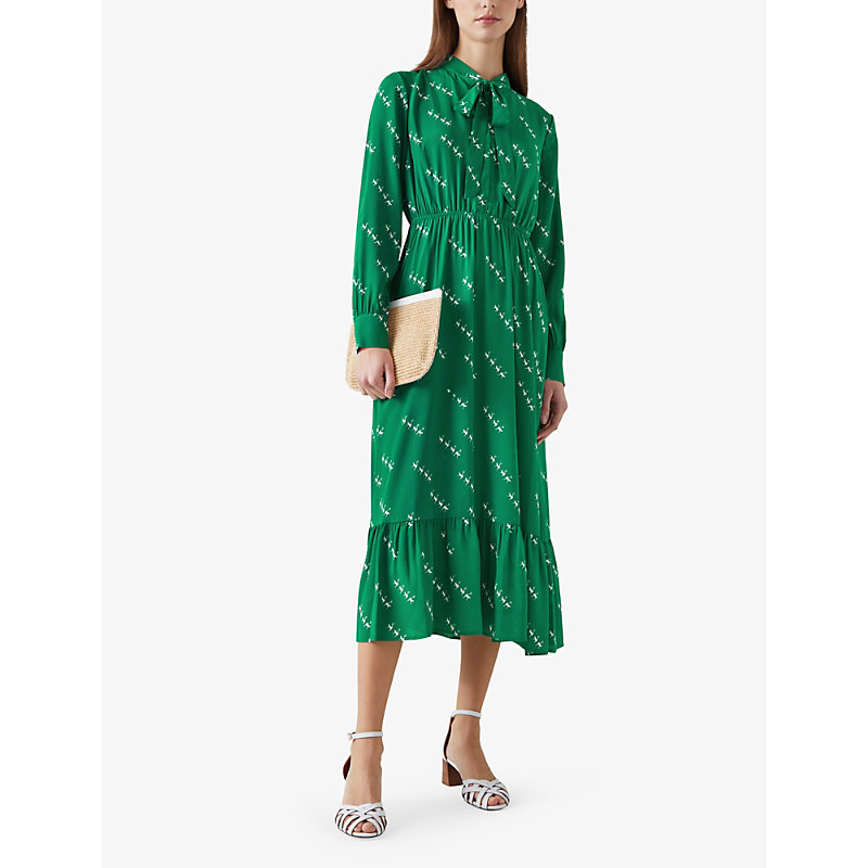 Shop Lk Bennett Women's Mul-green/cream Bridget Graphic-print Elasticated-waist Woven Midi Dress