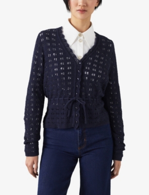 Shop Lk Bennett Amie Open-knit Organic-cotton Cardigan In Blu-navy
