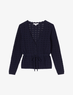 Lk Bennett Amie Tie Waist Crochet Cardigan In Blu-navy